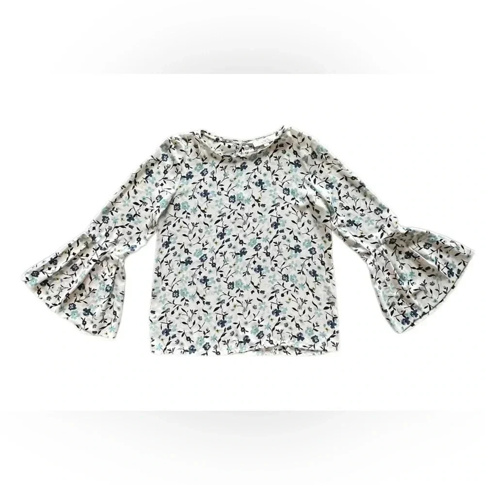 LOFT Ann Taylor White Blue Floral Long Bell Sleeve Keyhole Blouse Women’s Small